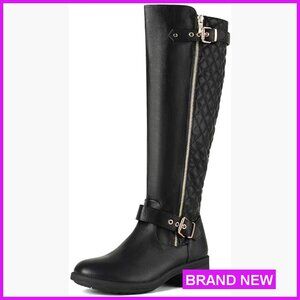 Knee High Riding Boots Chunky Block Heel Side Zipper Faux Fur Lined Moto Style